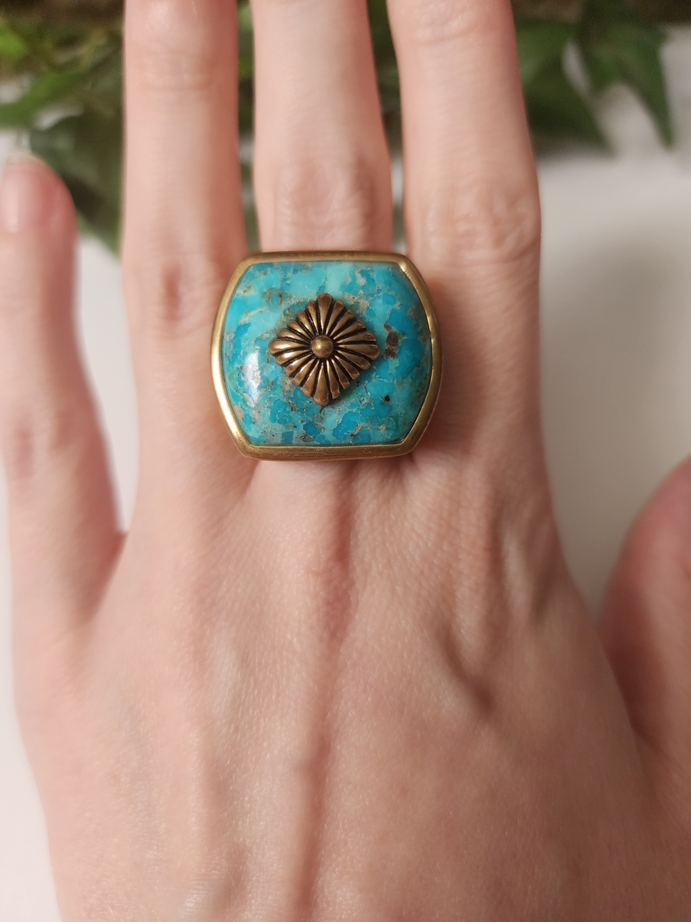 Studio Barse Turquoise and Brass Floral Square Ring Size 8.75
